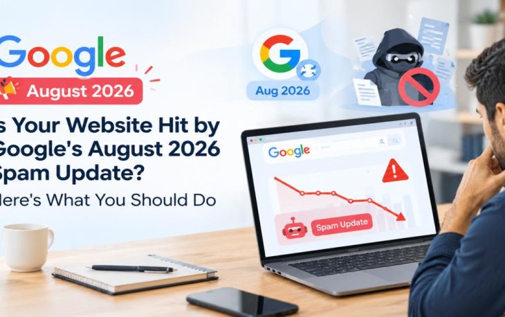 Man reviewing a website traffic drop on laptop after Google's August 2026 Spam Update guide by Digital Mogli.