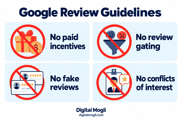 Google Review Guidelines infographic showing four prohibited practices — no paid incentives, no review gating, no fake reviews, and no conflicts of interest — by Digital Mogli, Pune