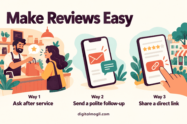 Infographic showing 3 proven ways to get more Google reviews legally — ask after service, send a polite follow-up, and share a direct review link — by Digital Mogli, Pune